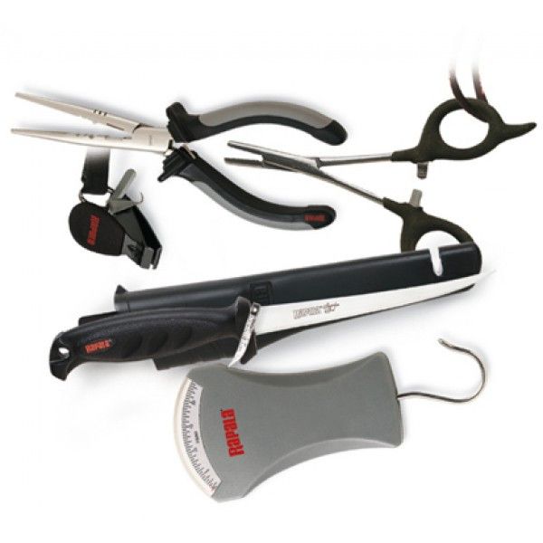 Комбо-набор Rapala 4 (плоскогубцы (16 см.); щипцы (14см.); безмен (11кг.); нож фил. Falcon с ножнами