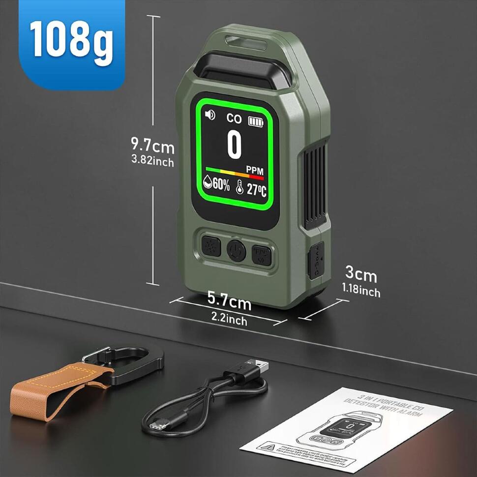 Детектор угарного газа Ice Cube + температура + влажность с LED-фонарём