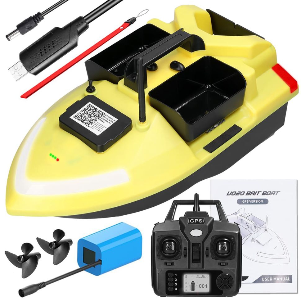 Кораблик закормочный FlyTec V020 2кг загрузка, радиус 500 метров, 5200 Mah, GPS 40 точек, желтый
