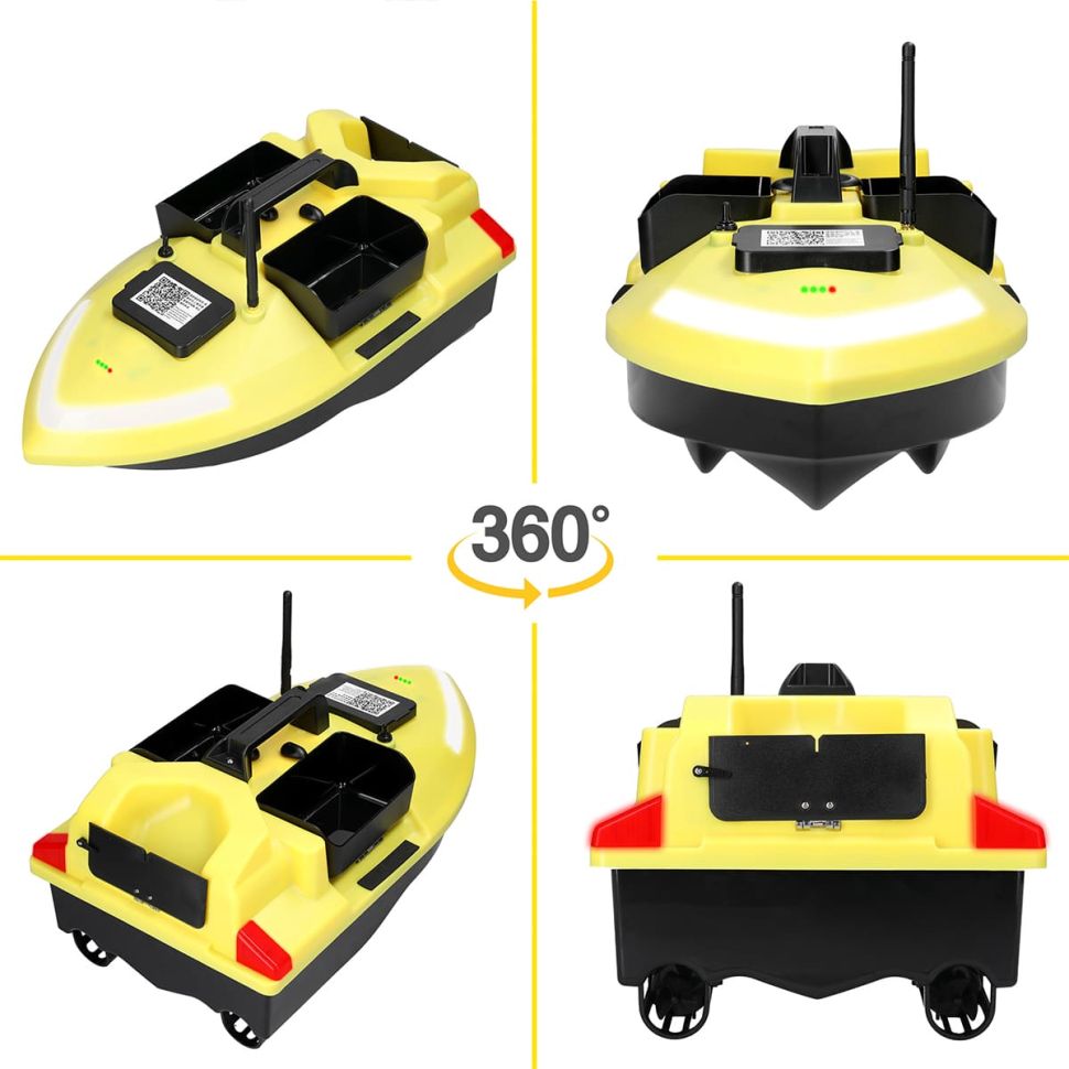 Кораблик закормочный FlyTec V020 2кг загрузка, радиус 500 метров, 5200 Mah, GPS 40 точек, желтый