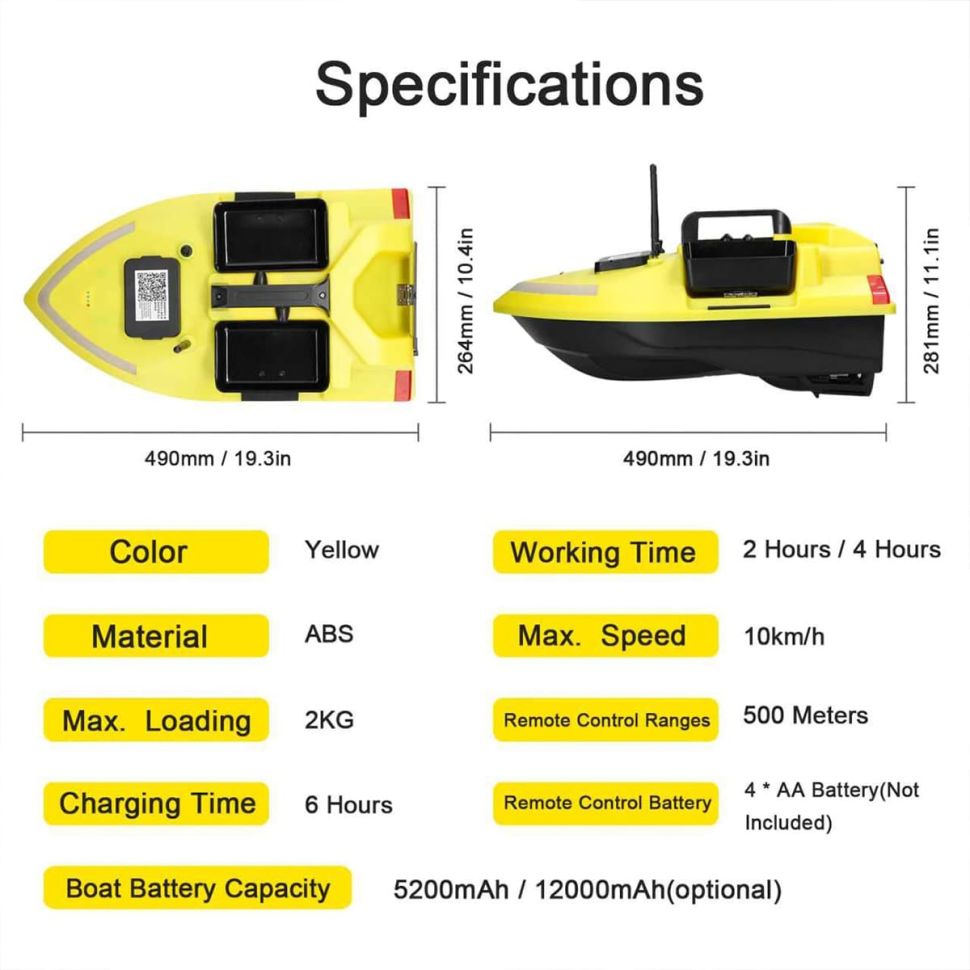 Кораблик закормочный FlyTec V020 2кг загрузка, радиус 500 метров, 5200 Mah, GPS 40 точек, желтый